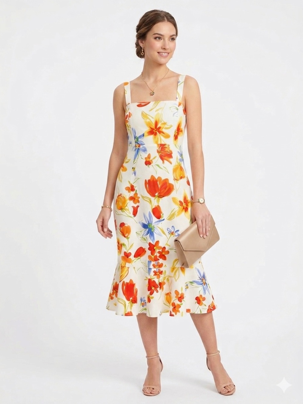 madison leigh Ivory Floral Square-Neck Midi Dress with Orange & Blue Blooms